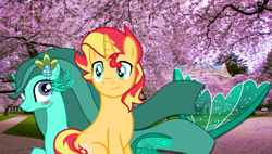 Size: 1500x850 | Tagged: safe, artist:jucamovi1992, sunset glare, sunset shimmer, oc, oc:radne, mermaid, pony, siren, unicorn, blushing, half r63 shipping, male, my little colt, my little pony, rule 63, shipping, stallion, sunradne