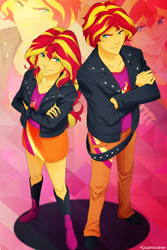 Size: 1024x1536 | Tagged: safe, artist:lilapudelpony, sunset glare, sunset shimmer, equestria girls, binary shimmer, binary sunset, boots, clothes, equestria guys, half r63 shipping, jacket, leather jacket, male, miniskirt, rule 63, self paradox, shipping, shoes, skirt, sunglare