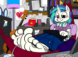 Size: 1280x946 | Tagged: safe, artist:ced75, artist:kuroi-wolf, dj pon-3, vinyl scratch, anthro, plantigrade anthro, barefoot, chips, colored, computer, feet, fetish, foot fetish, foot focus, headphones, jewelry, laptop computer, solo, teenager, toes