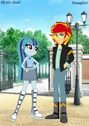 Size: 570x810 | Tagged: safe, artist:mytri-atari, sonata dusk, sunset glare, sunset shimmer, equestria girls, friendship games, boots, bracelet, clothes, equestria guys, female, half r63 shipping, jacket, jewelry, male, necklace, rule 63, shipping, shoes, sonaglare, straight