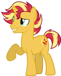 Size: 1589x1991 | Tagged: safe, artist:whalepornoz, sunset glare, sunset shimmer, pony, unicorn, grin, male, my little colt, raised hoof, rule 63, simple background, smiling, solo, stallion, transparent background, vector