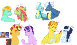 Size: 3500x2058 | Tagged: safe, artist:whalepornoz, firestorm, fleetfoot, flightshade, glide, lightheel, lightning dust, lightning powder, night glider, soarin', spitfire, starlight glimmer, stellar gleam, sunset glare, sunset shimmer, tree hugger, tree top, earth pony, pegasus, pony, unicorn, alternate hairstyle, arm cast, bag, bandage, beard, cast, clothes, cup, drink, drinking straw, facial hair, female, male, mare, rule 63, saddle bag, scene interpretation, simple background, stallion, straw, transparent background, uniform, wonderbolt trainee uniform