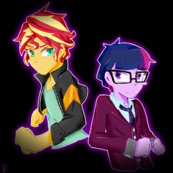 Size: 960x960 | Tagged: safe, artist:aka-ryuga, dusk shine, sci-dusk, sci-twi, sunset glare, sunset shimmer, twilight sparkle, equestria girls, friendship games, clothes, crystal prep academy, crystal prep academy uniform, crystal prep shadowbolts, duskglare, equestria guys, female, gay, glasses, leather jacket, lesbian, male, rule 63, school uniform, scitwishimmer, shipping, sunsetsparkle