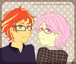 Size: 650x550 | Tagged: safe, artist:prk, butterscotch, fluttershy, sunset glare, sunset shimmer, equestria girls, bishonen, equestria guys, genius, glarescotch, glasses, male, pixiv, rule 63, shipping, sunshyne