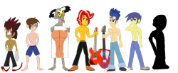 Size: 1280x526 | Tagged: safe, artist:urhangrzerg, comet tail, discord, flash sentry, sunset glare, sunset shimmer, equestria girls, bare chest, clothes, crossover, equestria girls-ified, mr. game & watch, peter parker, rule 63, sega, shadow the hedgehog, simple background, sonic the hedgehog, sonic the hedgehog (series), spider-man, topless, transparent background, unknown creature