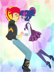 Size: 3096x4080 | Tagged: safe, artist:jaquelindreamz, sci-twi, sunset glare, sunset shimmer, twilight sparkle, equestria girls, friendship games, blushing, boots, clothes, crystal prep academy uniform, cute, equestria guys, female, glasses, half r63 shipping, jacket, love, male, rule 63, school uniform, scitwiglare, scitwishimmer, shipping, shoes, straight, sunsetsparkle, twiglare, uniform