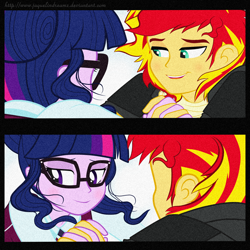 Size: 1214x1214 | Tagged: safe, artist:jaquelindreamz, sci-twi, sunset glare, sunset shimmer, twilight sparkle, equestria girls, friendship games, blushing, cute, dancing, equestria guys, female, glasses, half r63 shipping, love, male, rule 63, scitwiglare, scitwishimmer, shipping, straight, sunsetsparkle, twiabetes, twiglare