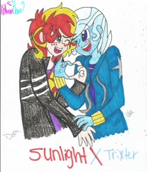 Size: 1024x1202 | Tagged: safe, artist:xxfluffypachirisuxx, sunset glare, sunset shimmer, tristan, trixie, equestria girls, blushing, equestria guys, gay, heart, humanized, male, rule 63, shipping, suntrix, traditional art