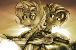 Size: 1500x1000 | Tagged: safe, artist:drizziedoodles, sunset glare, sunset shimmer, oc, oc:honey drizzle, aviator glasses, canon x oc, clothes, cute, duo, jacket, leather jacket, motorcycle, rule 63, sepia, shipping, smiling, sunglasses, sunnydrizzle, sunset