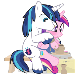 Size: 920x920 | Tagged: safe, artist:dm29, princess cadance, shining armor, alicorn, pony, unicorn, blushing, ceramics, clay, female, julian yeo is trying to murder us, male, pottery, pottery wheel, shiningcadance, shipping, simple background, straight, transparent background, unchained melody