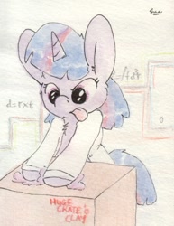 Size: 692x897 | Tagged: safe, artist:slightlyshade, twilight sparkle, clay, clothes, coat, crate, lab coat, science, solo, tongue out