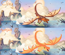 Size: 1246x1049 | Tagged: safe, derpibooru import, applejack, dragon, clay, comparison, dragonified, dragonjack, flying fish, mudwing, ocean, species swap, waterfall, wings of fire (book series)