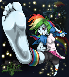 Size: 3508x3861 | Tagged: safe, artist:dazidentevil, rainbow dash, equestria girls, barefoot, clothes, feet, foot fetish, foot focus, kicking, leg warmers, soles, solo