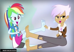 Size: 1024x717 | Tagged: safe, artist:maze1000, gilda, rainbow dash, human, equestria girls, barefoot, duo, equestria girls-ified, feet, female, foot fetish, open mouth, raised foot, raised leg, sitting, sweat, sweatdrop, tickling, ticklng