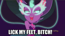 Size: 1070x603 | Tagged: safe, screencap, midnight sparkle, sci-twi, twilight sparkle, equestria girls, friendship games, bitch, caption, feet, foot fetish, image macro, impact font, text, this is for emphasis bitch, vulgar