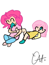 Size: 1500x2000 | Tagged: safe, artist:arcade-arcade, fluttershy, pinkie pie, human, barefoot, clothes, cute, feather, feet, fetish, foot fetish, humanized, one eye closed, socks, tickle fetish, tickling