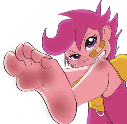 Size: 800x781 | Tagged: safe, artist:zuneycat, scootaloo, human, bandage, barefoot, feet, foot fetish, foot focus, humanized, soles, toes