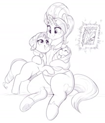 Size: 1624x1896 | Tagged: safe, artist:sirmasterdufel, cookie crumbles, rarity, sweetie belle, pony, unicorn, baby, baby belle, baby pony, black and white, clothes, female, filly, filly rarity, foal, grayscale, hug, mare, monochrome, mother and child, mother and daughter, mother's day, parent and child, younger