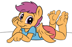 Size: 1100x725 | Tagged: safe, artist:kuroi-wolf, scootaloo, anthro, plantigrade anthro, barefoot, clothes, cute, cutealoo, feet, fetish, foot fetish, foot focus, shorts, soles, solo, toes