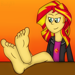 Size: 650x650 | Tagged: safe, artist:b-cacto, sunset shimmer, equestria girls, barefoot, feet, foot fetish, foot focus, soles, table