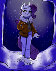 Size: 811x1024 | Tagged: source needed, useless source url, safe, artist:companioncube, artist:kuroi-wolf, rarity, anthro, plantigrade anthro, barefoot, barefooting, blushing, clothes, colored, feet, fetish, foot fetish, footprint, smug, snow, snowfall, solo, toes, winter, winter outfit