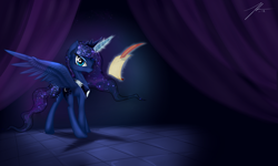 Size: 2500x1500 | Tagged: safe, artist:wreky, princess luna, alicorn, pony, magic, quill, solo, telekinesis, wingding eyes