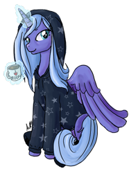 Size: 429x578 | Tagged: safe, artist:aellos, princess luna, alicorn, pony, clothes, coffee, hoodie, jacket, mug, s1 luna, simple background, sitting, socks, solo