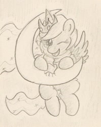 Size: 455x571 | Tagged: safe, artist:slightlyshade, princess luna, alicorn, pony, cheek fluff, chibi, clothes, crescent moon, cute, ear fluff, female, fluffy, leg fluff, mare, monochrome, moon, pubic fluff, scarf, shoulder fluff, solo, spread wings, tangible heavenly object, traditional art, wings