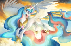 Size: 1280x828 | Tagged: safe, artist:blazegryph, princess celestia, alicorn, pony, colored pupils, crown, cute, cutelestia, female, flying, hoof shoes, jewelry, long mane, mare, regalia, solo, spread wings, wings