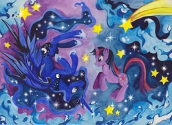 Size: 3501x2532 | Tagged: safe, artist:artist-apprentice587, princess luna, twilight sparkle, alicorn, pony, duo, stars, traditional art