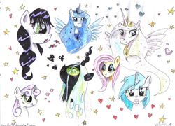 Size: 900x648 | Tagged: safe, artist:sweeterwho, fluttershy, princess celestia, princess luna, queen chrysalis, sweetie belle, oc, oc:sweetie, alicorn, changeling, changeling queen, pegasus, pony, heart, mouth hold, stars, traditional art