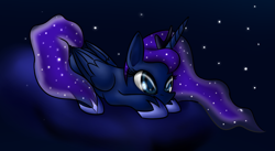 Size: 1479x812 | Tagged: safe, artist:n1de, princess luna, alicorn, pony, female, horn, mare, prone, solo