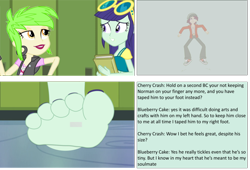 Size: 1024x695 | Tagged: safe, artist:trohobo, blueberry cake, cherry crash, normal norman, equestria girls, background human, barefoot, crush fetish, feet, foot fetish, micro