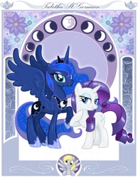 Size: 747x965 | Tagged: safe, artist:catwhitney, princess luna, rarity, alicorn, pony, unicorn, duo, duo female, female, horn, mare