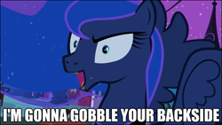 Size: 627x353 | Tagged: safe, edit, edited screencap, screencap, princess luna, alicorn, pony, luna eclipsed, image macro, lunaughty, solo