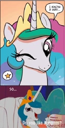 Size: 367x724 | Tagged: safe, idw, princess celestia, alicorn, pony, spoiler:comic, female, friendship is magic bitch, horn, mare, multicolored mane, solo, white coat