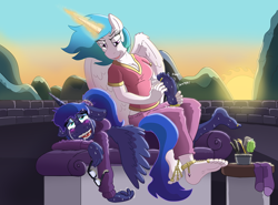 Size: 1200x889 | Tagged: safe, artist:caroo, princess celestia, princess luna, anthro, plantigrade anthro, ankle bracelet, barefoot, blushing, brush, chains, clothes, comb, crying, drool, feet, fetish, floppy ears, foot fetish, fork, glasses, hoodie, laughing, magic, ponytail, socks, sofa, soles, sunrise, sweat, tears of laughter, tickle torture, tickling, toe ring, twitching