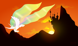 Size: 2238x1312 | Tagged: safe, artist:haretrinity, princess celestia, alicorn, pony, canterlot, flying, glowing eyes, solo, sun