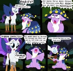 Size: 2000x1962 | Tagged: safe, artist:omny87, princess luna, rarity, star swirl the bearded, twilight sparkle, alicorn, pony, unicorn, comic, costume, nightmare night, stilts, voice actor joke