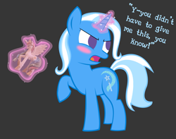 Size: 2093x1650 | Tagged: safe, artist:dignitysquared, princess celestia, trixie, alicorn, pony, blushing, toy, tsundere, tsunderixie