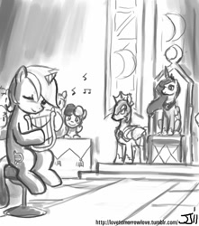 Size: 882x1000 | Tagged: safe, artist:johnjoseco, bon bon, lyra heartstrings, princess luna, sweetie drops, alicorn, pony, grayscale, lyre, monochrome, night guard