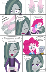 Size: 4732x6946 | Tagged: safe, artist:cesar3o0, limestone pie, marble pie, pinkie pie, equestria girls, absurd resolution, barefoot, belly button, blushing, comic, dialogue, equestria girls-ified, feet, foot fetish, midriff, pie sisters, recorder, simple background, tickling, white background