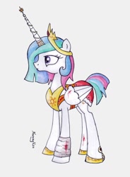 Size: 942x1278 | Tagged: safe, artist:nancyksu, princess celestia, alicorn, pony, alternate hairstyle, injured, solo, traditional art, younger