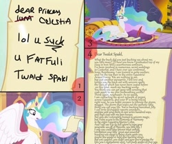 Size: 500x417 | Tagged: safe, princess celestia, twilight sparkle, alicorn, pony, internet tough guy, navy seal copypasta, scroll, seems legit, text, twalot spakl, vulgar