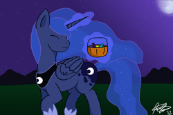 Size: 3600x2400 | Tagged: safe, artist:amnease, princess luna, alicorn, pony, basket, candy, eyes closed, glowing horn, hoof shoes, magic, night, nightmare night, pumpkin bucket, signature, solo, telekinesis, trick or treat