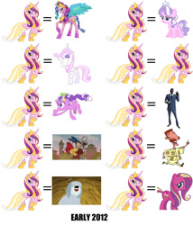 Size: 1200x1400 | Tagged: safe, diamond tiara, discord, fleur-de-lis, princess cadance, princess celestia, screwball, alicorn, pony, .mov, cupcake, dress.mov, meme, niblet, nigel thornberry, pinklestia, ponibooru, pound puppies, secret butt fun, spy, team fortress 2