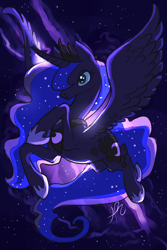 Size: 840x1260 | Tagged: safe, artist:homicidalmanda, princess luna, alicorn, pony, female, flying, horn, mare, solo