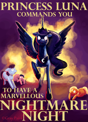 Size: 3229x4481 | Tagged: safe, artist:graypaint, princess luna, oc, alicorn, pony, cowering, glowing eyes, halloween, nightmare night, poster, propaganda