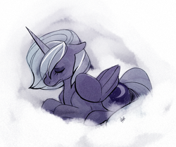 Size: 500x417 | Tagged: dead source, safe, artist:rollingrabbit, princess luna, alicorn, pony, crying, eyes closed, female, mare, prone, s1 luna, sad, simple background, solo, white background