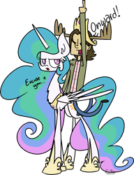 Size: 740x963 | Tagged: safe, artist:cuttycommando, princess celestia, alicorn, pony, crossover, riding, sam winchester, supernatural